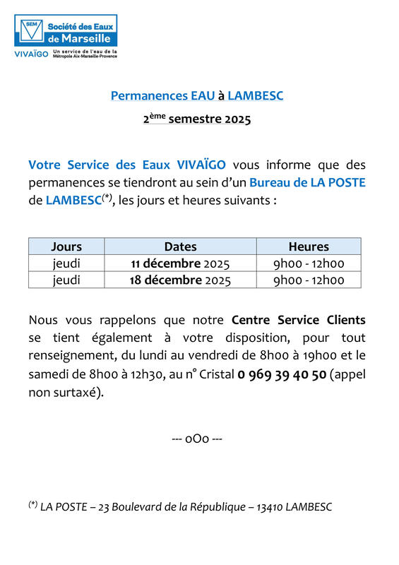 Permanence Service des Eaux Vivaïgo