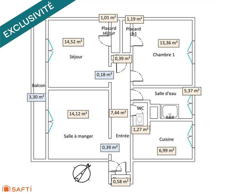 Appartement - 66 m² - 3 pièces