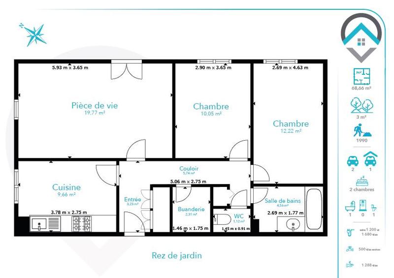 Appartement - 69 m² - 3 pièces