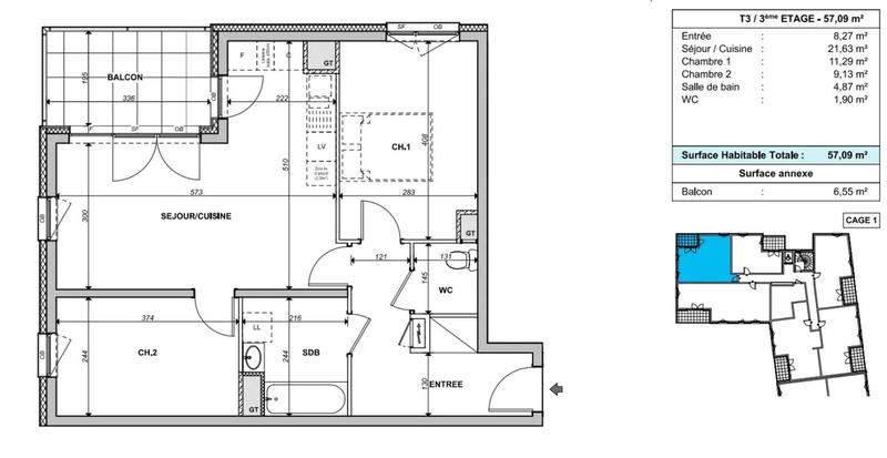 Appartement - 60 m² - 3 pièces