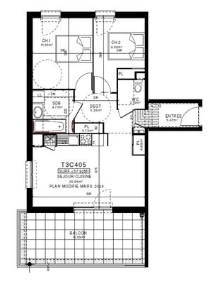 Appartement - 57 m² - 3 pièces