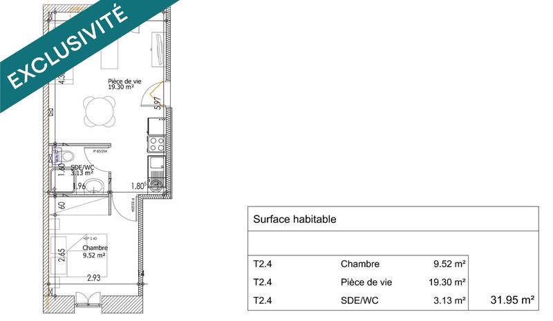 Appartement - 32 m² - 2 pièces