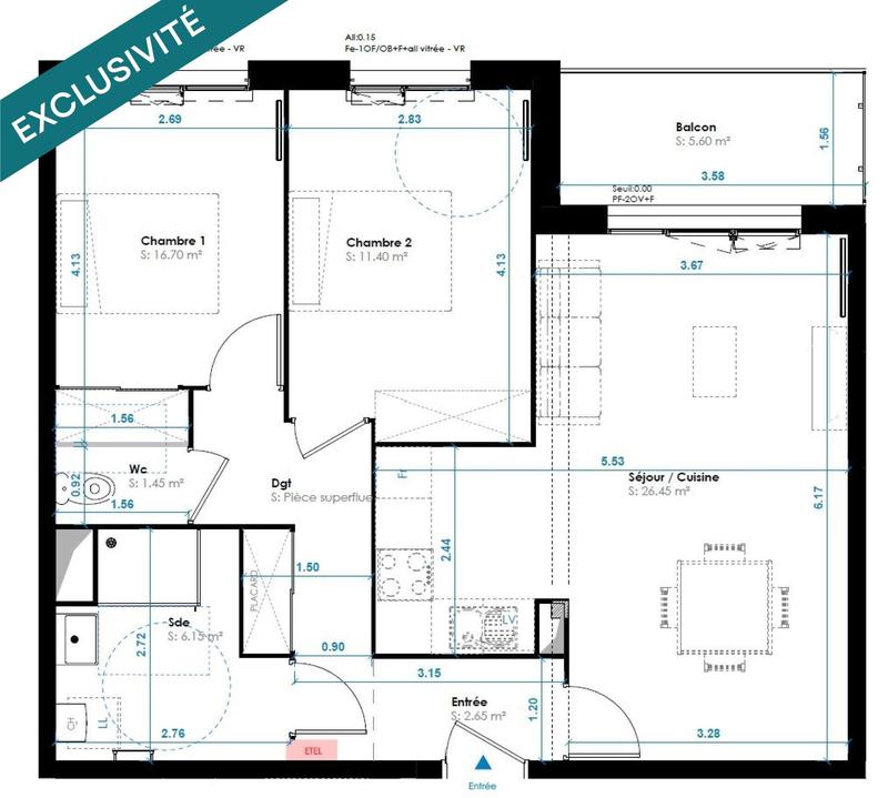 Appartement - 70 m² - 3 pièces