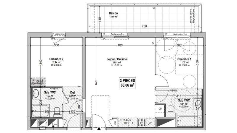 Appartement - 68 m² - 3 pièces
