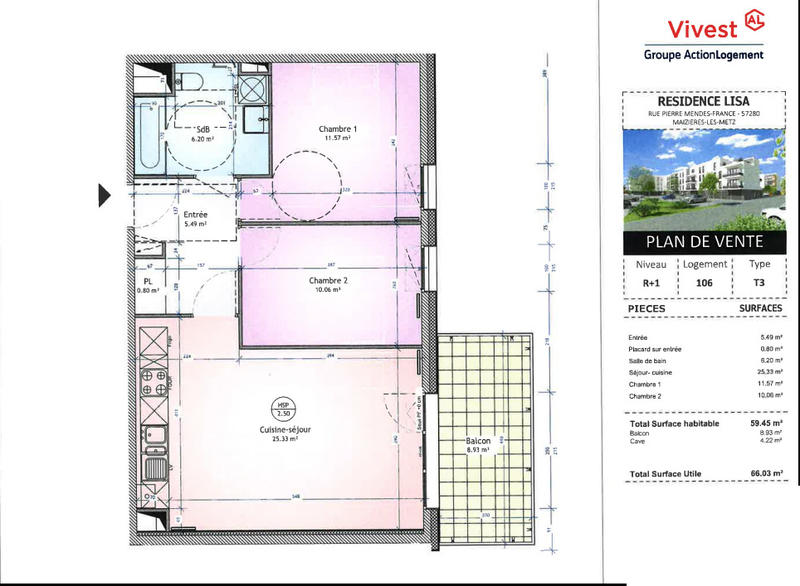 Appartement - 59 m² - 3 pièces