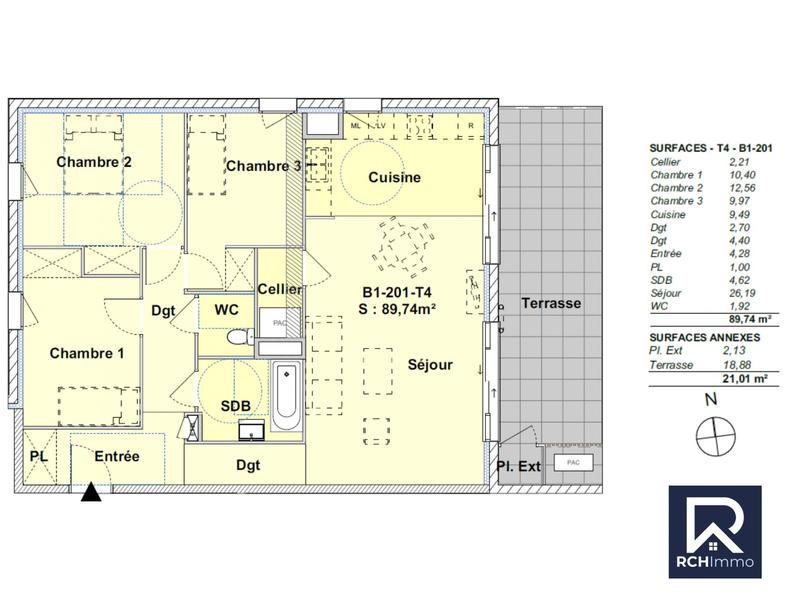 Appartement - 90 m² - 3 pièces