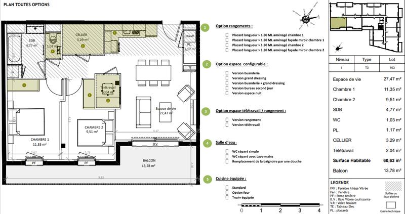 Appartement - 61 m² - 3 pièces