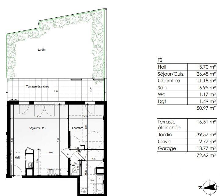 Appartement - 50 m² - 2 pièces