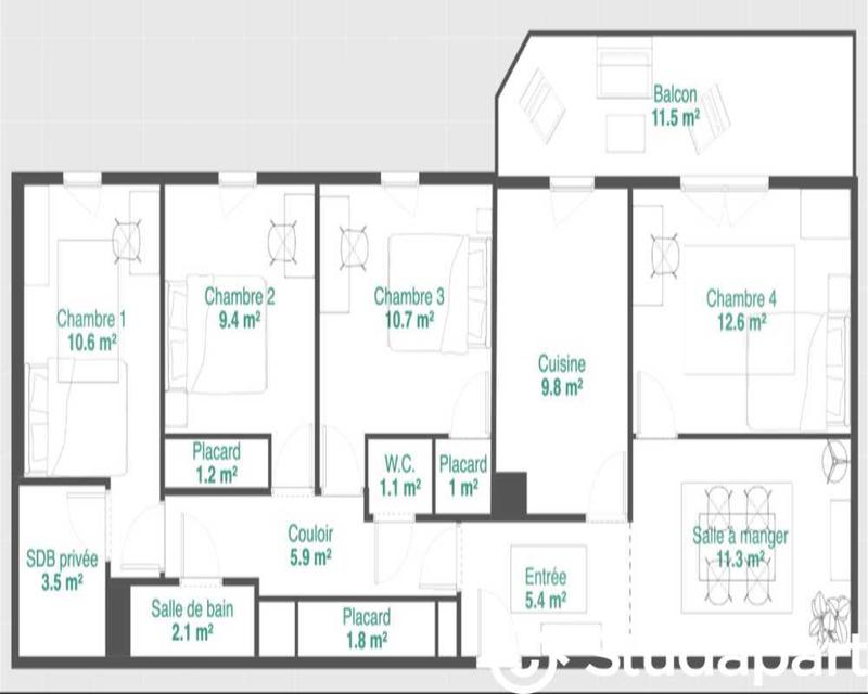 Chambre - 90 m² - 1 pièce