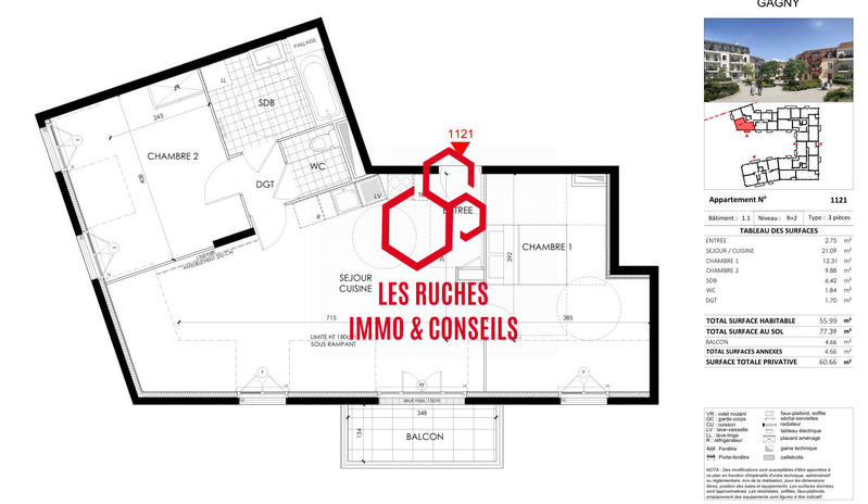 Appartement - 56 m² - 3 pièces
