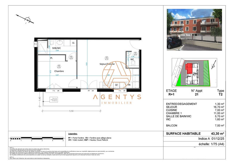 Appartement - 43 m² - 2 pièces