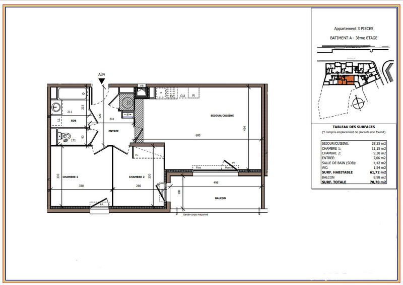 Appartement - 61 m² - 3 pièces