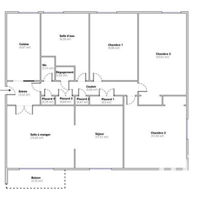 Appartement - 92 m² - 5 pièces