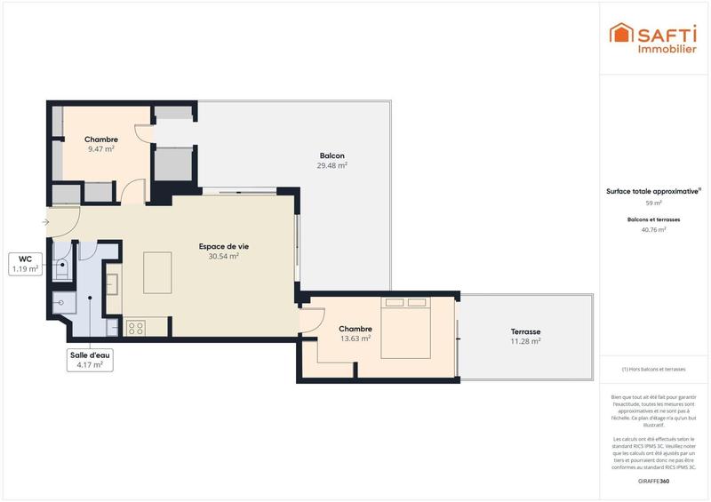 Appartement - 59 m² - 3 pièces