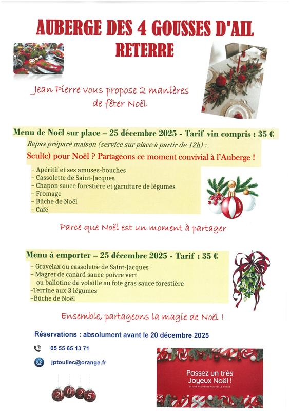 Seul pour Noël ? Repas à l'Auberge des 4 Gousses d'Ail