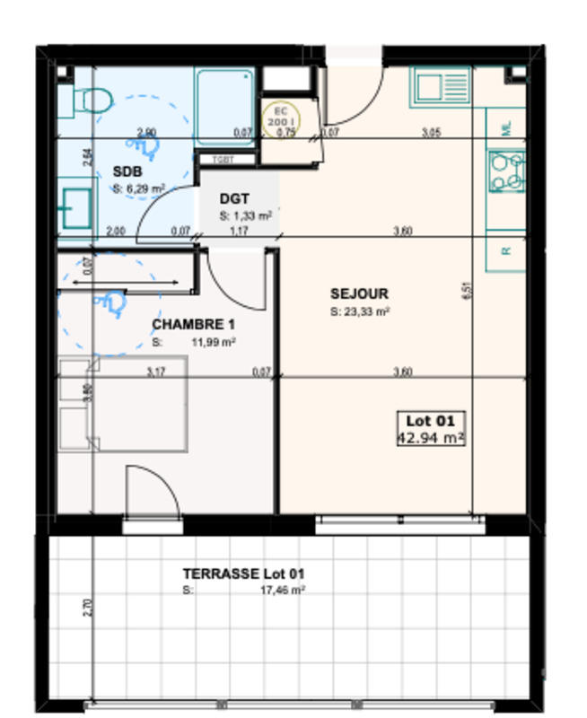 Appartement - 43 m² - 2 pièces