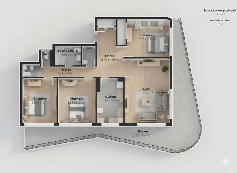 Appartement - 96 m² - 4 pièces