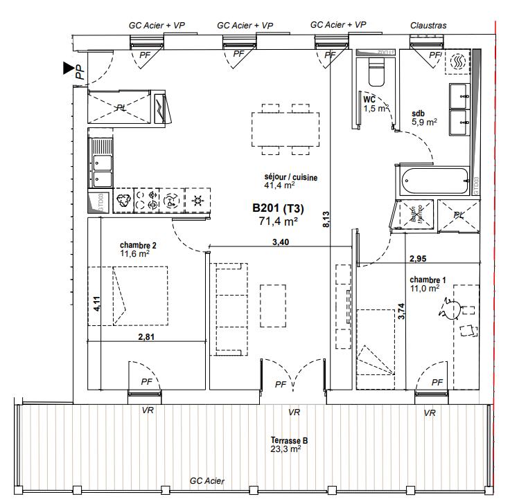 Appartement - 72 m² - 3 pièces