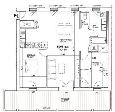 Appartement - 72 m² - 3 pièces