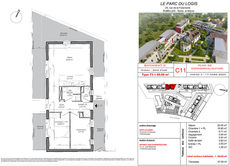 Appartement - 61 m² - 3 pièces