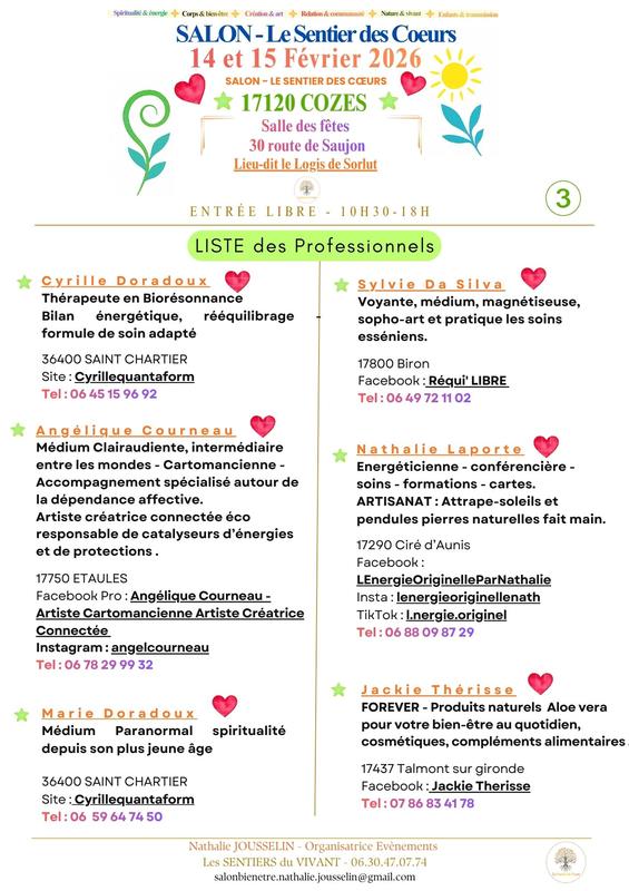 Salon Bien Être -Corps-Spiritualite-Createurs-Voyance-Commercants 14 et 15 Février - 17120 Cozes - le sentier des Coeurs