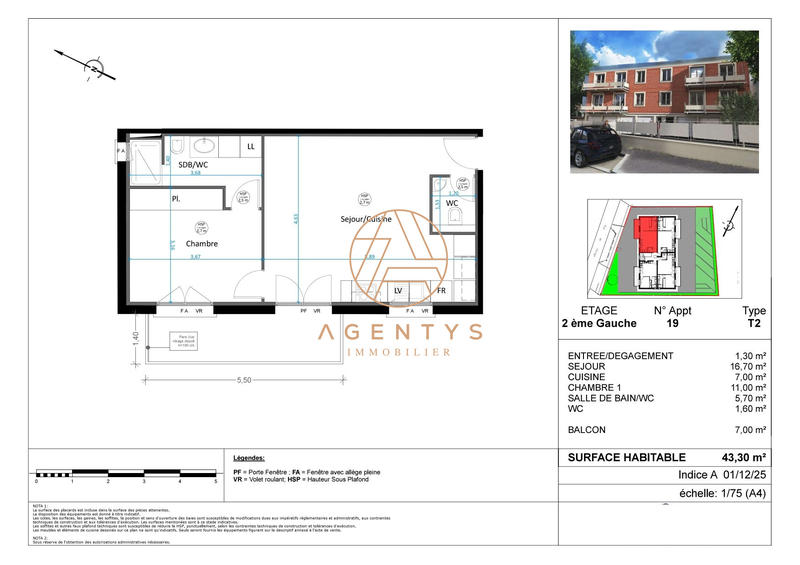 Appartement - 43 m² - 2 pièces