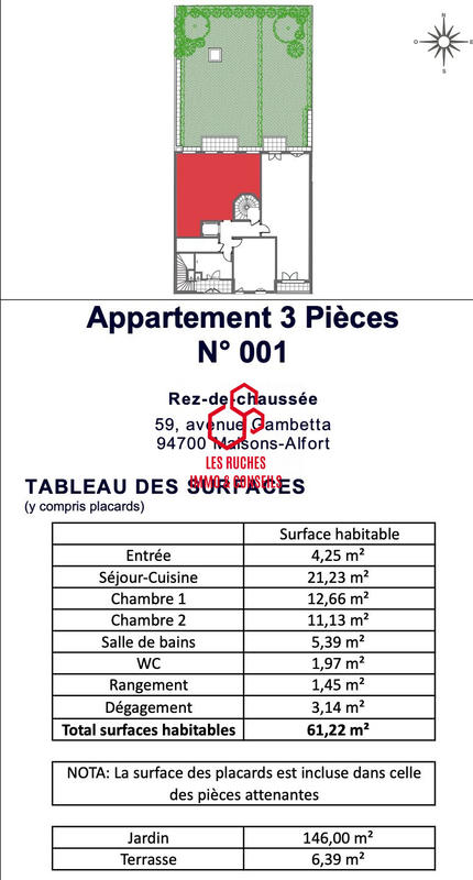 Appartement - 61 m² - 3 pièces