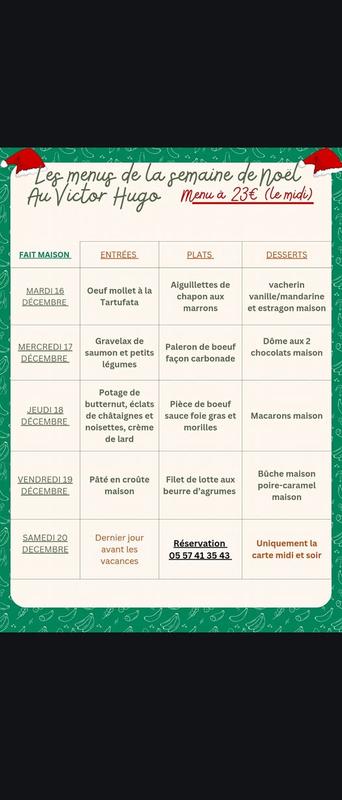Menus de Noël au restaurant le Victor Hugo