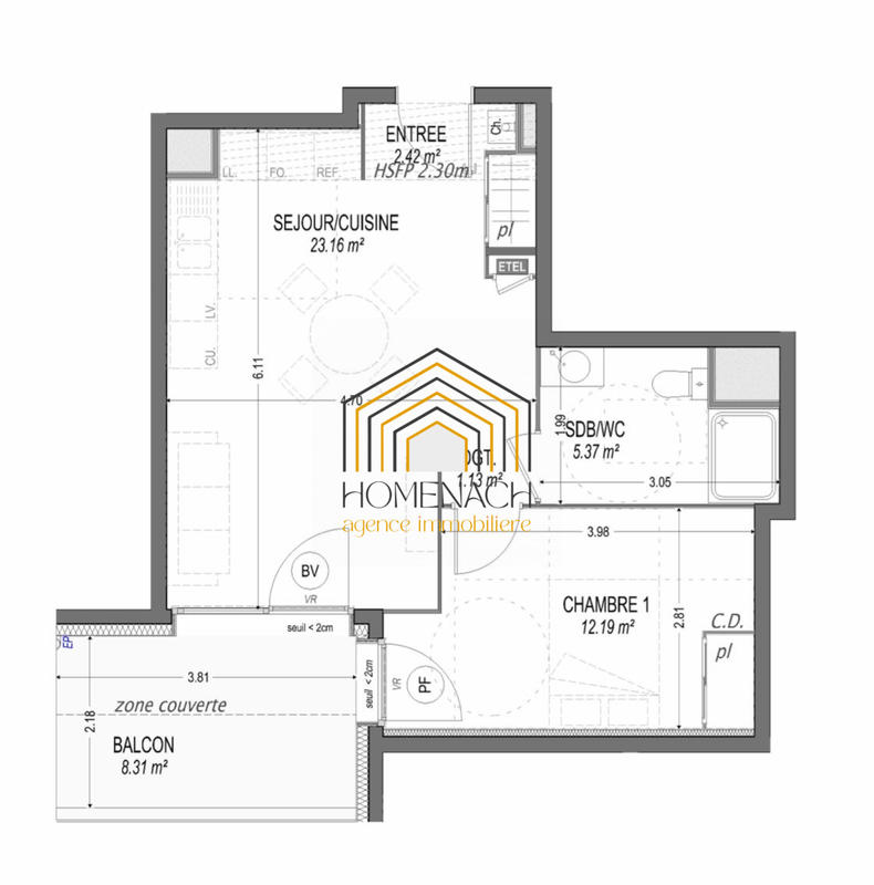 Appartement - 44 m² - 2 pièces