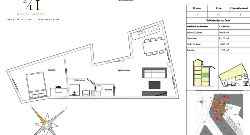 Appartement - 47 m² - 2 pièces