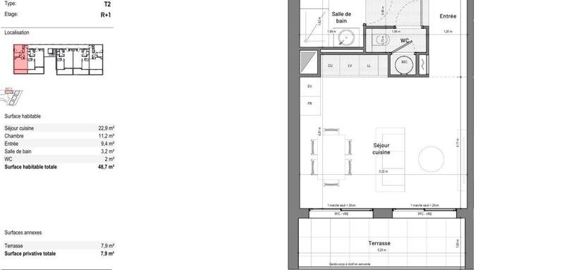 Appartement - 49 m² - 2 pièces