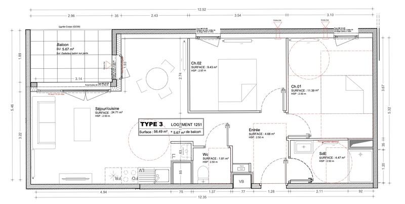 Appartement - 56 m² - 3 pièces