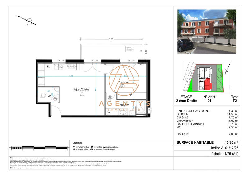 Appartement - 43 m² - 2 pièces