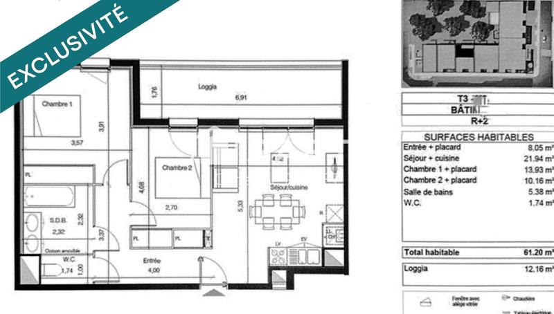 Appartement - 61 m² - 3 pièces