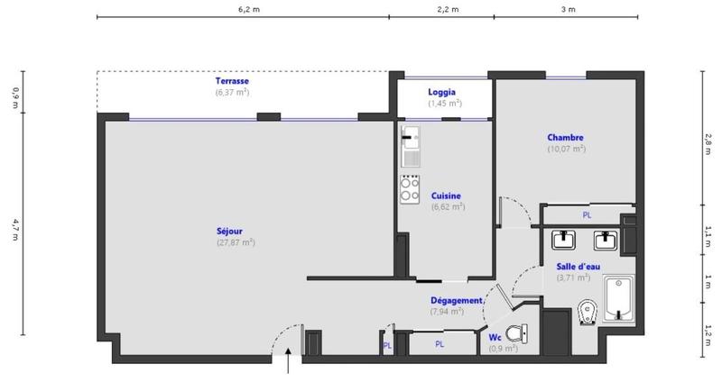 Appartement - 59 m² - 2 pièces
