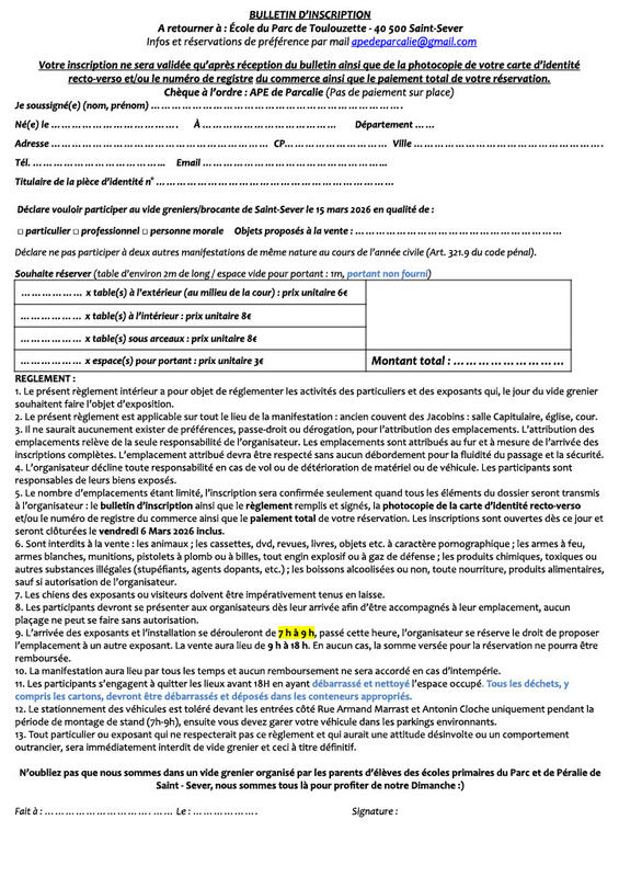 Vide grenier Ape de Parcalie le dimanche 15 Mars 2026