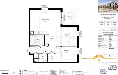 Appartement - 60 m² - 3 pièces