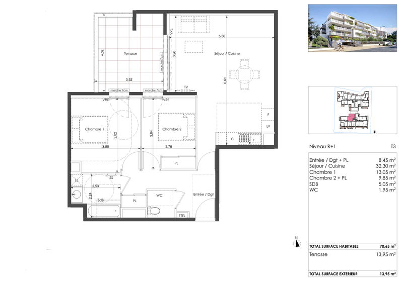 Appartement - 70 m² - 3 pièces
