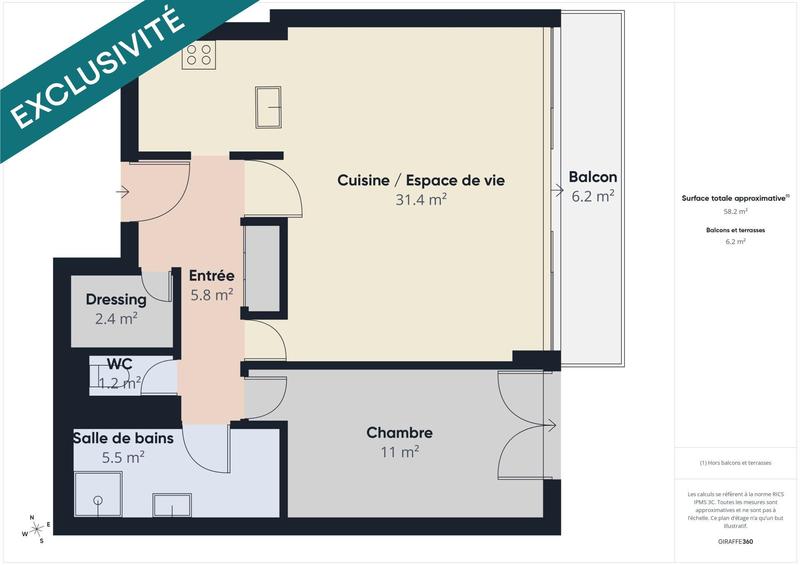 Appartement - 58 m² - 2 pièces
