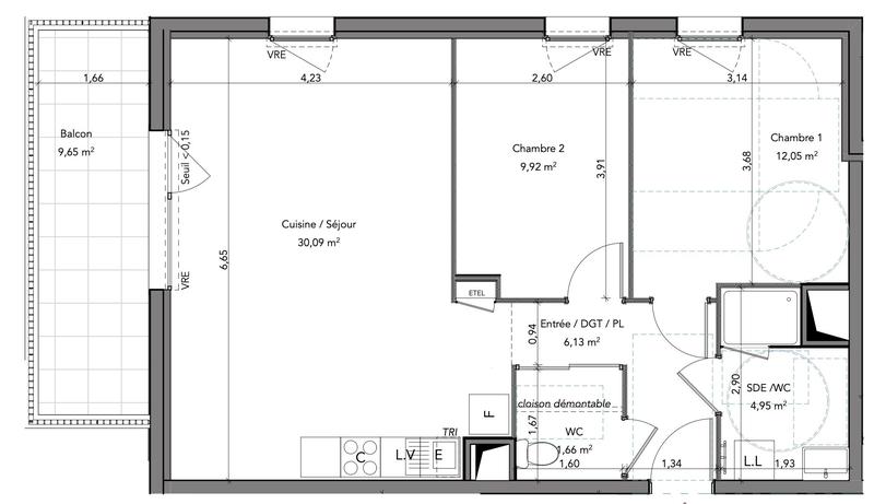 Appartement - 65 m² - 3 pièces