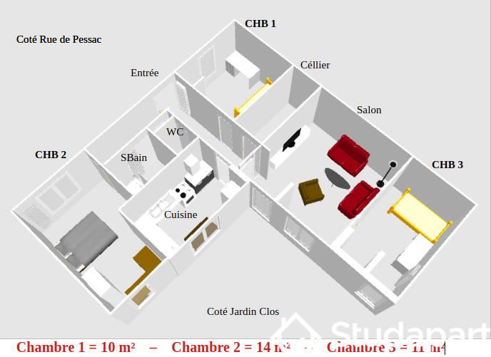 Chambre - 11 m² - 1 pièce