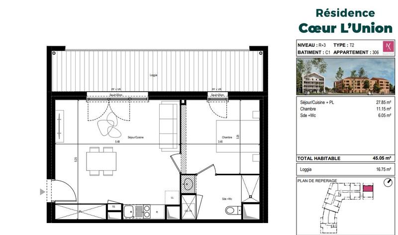 Appartement - 45 m² - 2 pièces