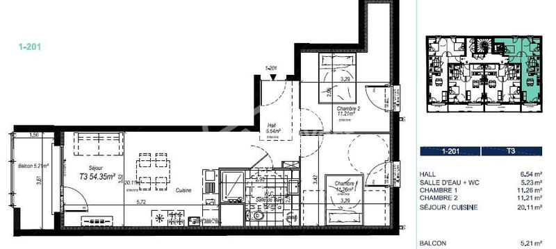 Appartement - 54 m² - 3 pièces