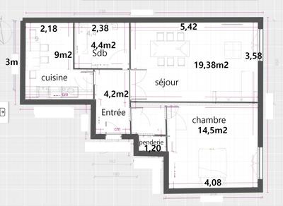 Appartement - 54 m² - 2 pièces