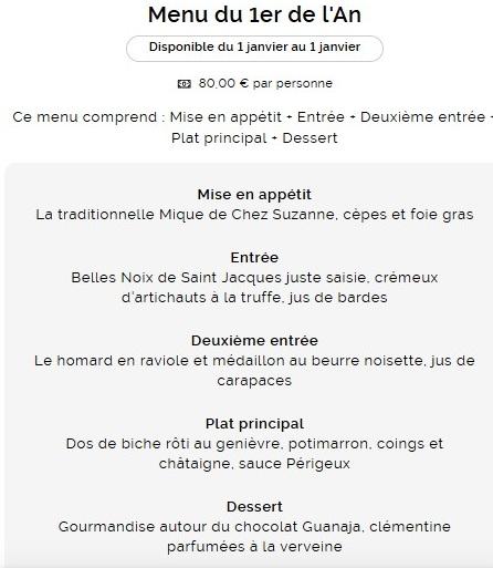 Menu du premier de l'an au restaurant Chez Suzanne