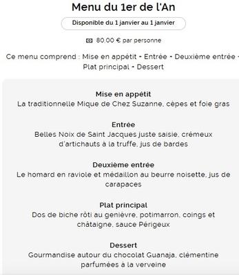 Menu du premier de l'an au restaurant Chez Suzanne