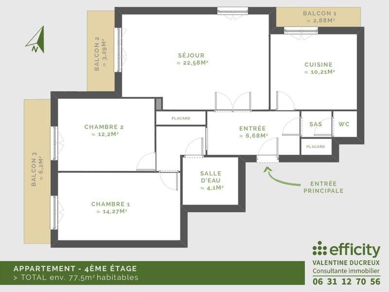 Appartement - 77 m² - 3 pièces