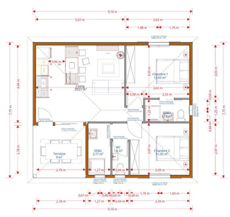 Maison - 54 m² - 3 pièces