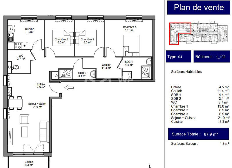 Appartement - 88 m² - 4 pièces