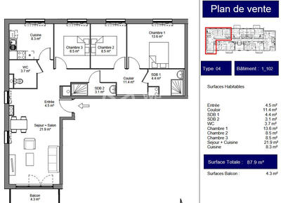 Appartement - 88 m² - 4 pièces